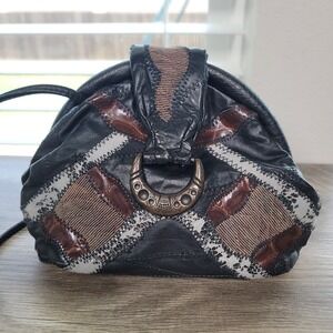 Vintage 80s Leather Patchwork Shoulder Bag Hinge Purse Brown Black Animal Print